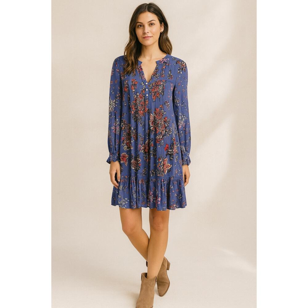 Anthropologie Diana Pintucked Boho Floral Ruffle Hem Dress | Blue | Small